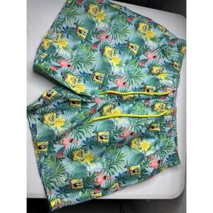 H&M SpongeBob SquarePants Swim Trunks Mens Medium Blue Tropical Floral Shorts